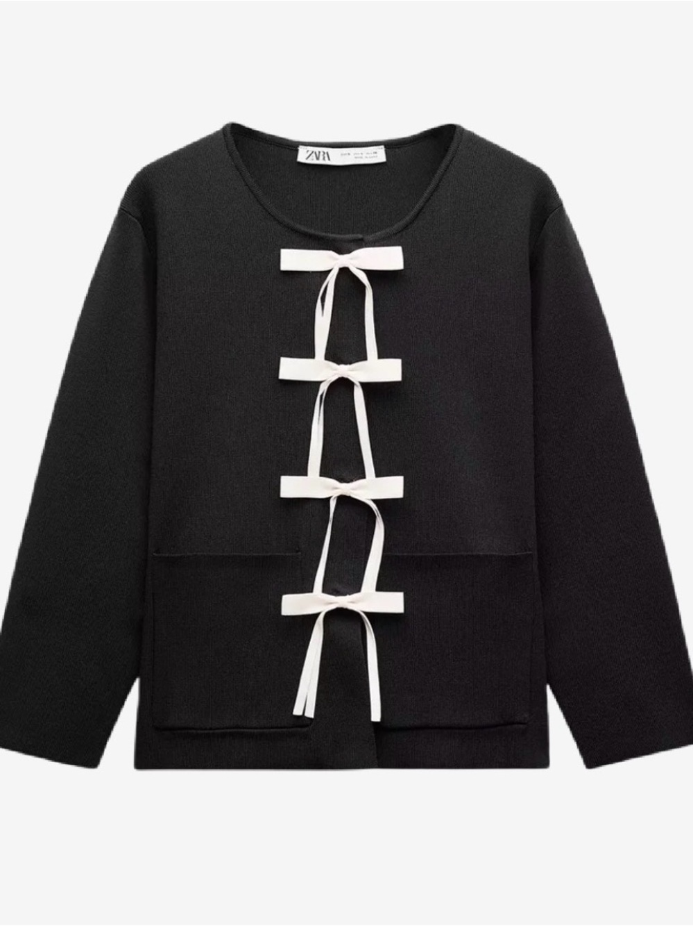Zara Black Knit Cardigan with White Bow Closures
